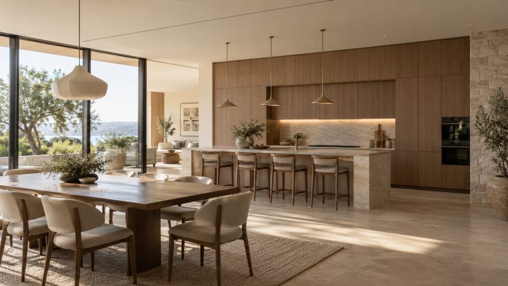 Wide view of a modern kitchen with floor-to-ceiling cabinetry seen from the adjoining dining space.