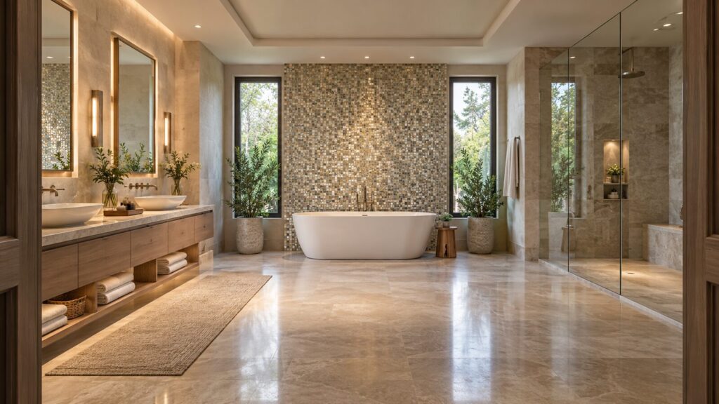 A hotel bathroom with a mosaic tile accent wall behind the bathtub, seen from across the room.